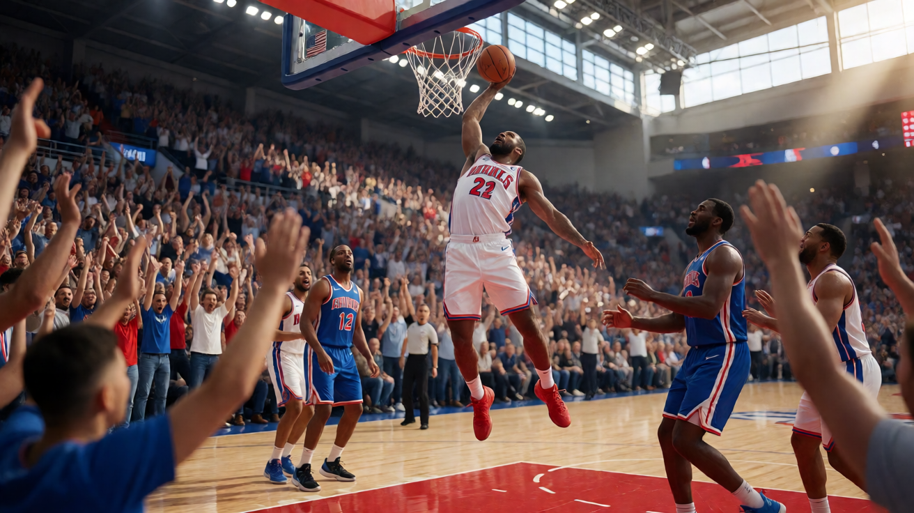 NBA篮球比赛中球员在球场上的精彩瞬间,观众热情高涨