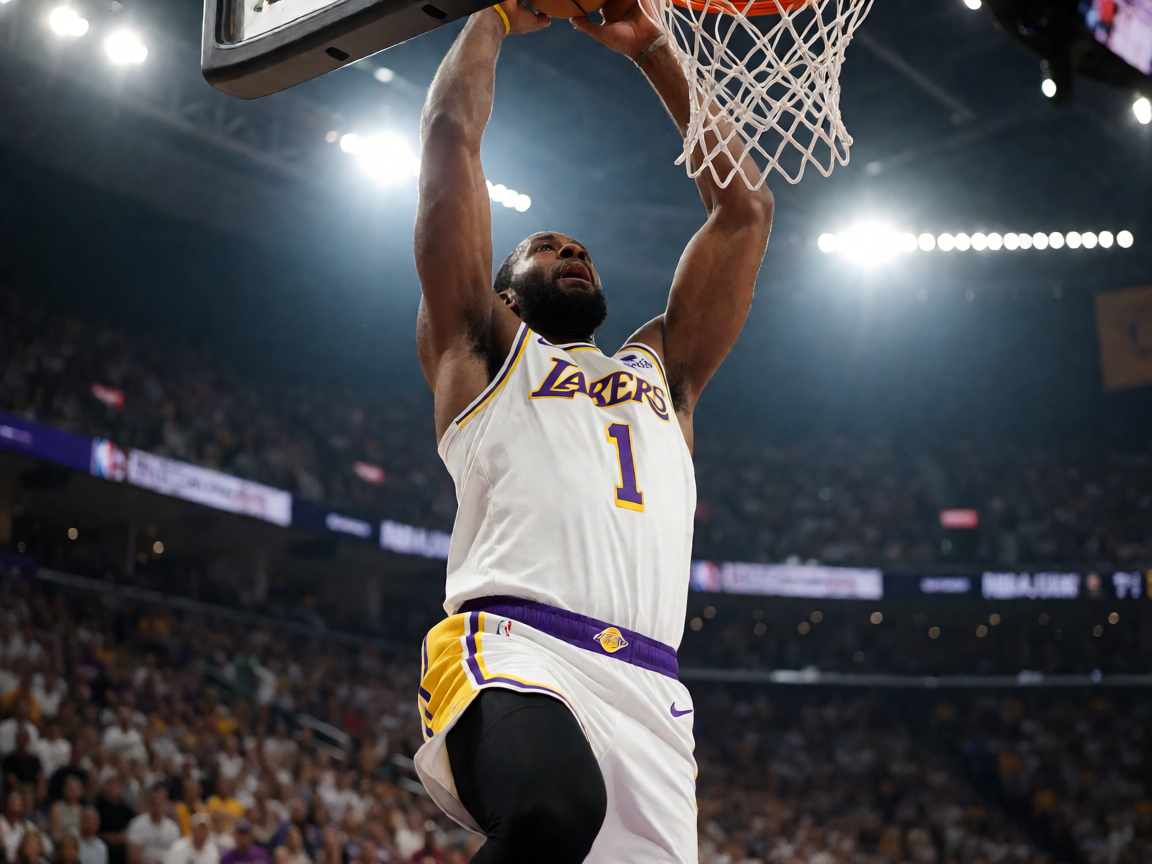 NBA季后赛激烈的对抗比赛现场，球员跳起扣篮的瞬间